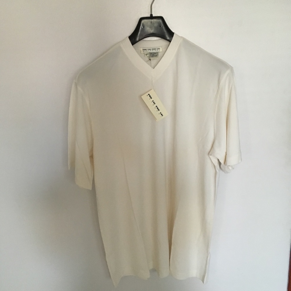 Per lui per lei by kukki 100% silk large V neck short sleeves white L new pa0153